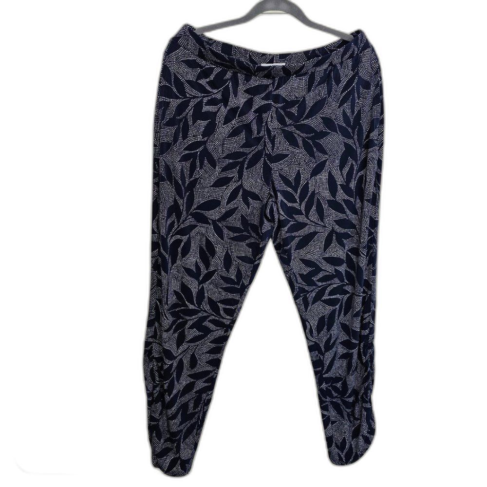 SUSAN GRAVER Comfort Elastic Waist Ankle Pants Botanical Navy Size M Travel Knit